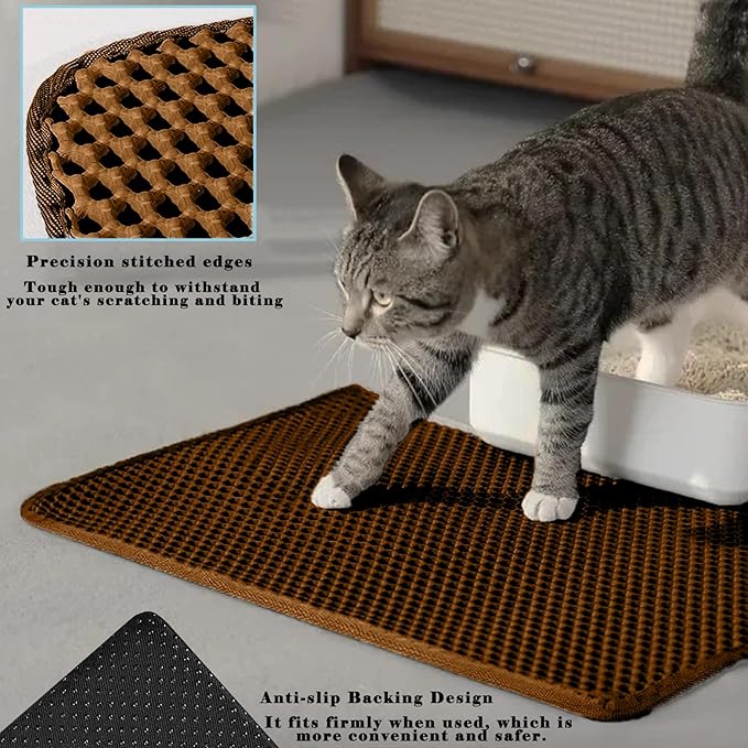 HCY&WLD Cat Litter Mat, Honeycomb Double Layer Cat Litter Trapping Mat, Waterproof Urine Proof Non-Slip, Scatter Control, Less Waste, Easier to Clean (Brown, 24" X 18")