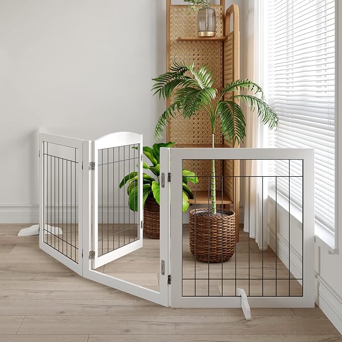 Vantas Folding Pet Gate 96" Wide, 30" Tall No-Assembly Wooden Dog Gate with Door Walk Through, Freestanding Wire Pet Gate, Pet Puppy Safety Fence, with 2PCS Support - White