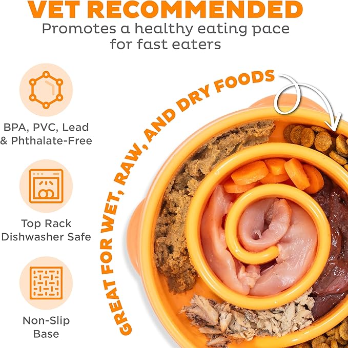 Outward Hound Medium Slow Feeder Bowl, Puzzle Maze for Fast Eaters, Small to Medium Dogs, Helps Prevent Bloat & Aid Digestion, Holds 2 Cups Wet or Dry Food, Non-Slip, Made Without BPA, Orange