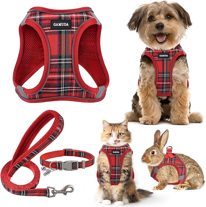 GAMUDA Small Dog Harness Collar and Leash Set, Step in No Chock No Pull Soft Mesh Adjustable Dog Vest Harnesses Plaid Reflective for Dogs Puppy Cats Kitten Rabbit (Red, XXS)