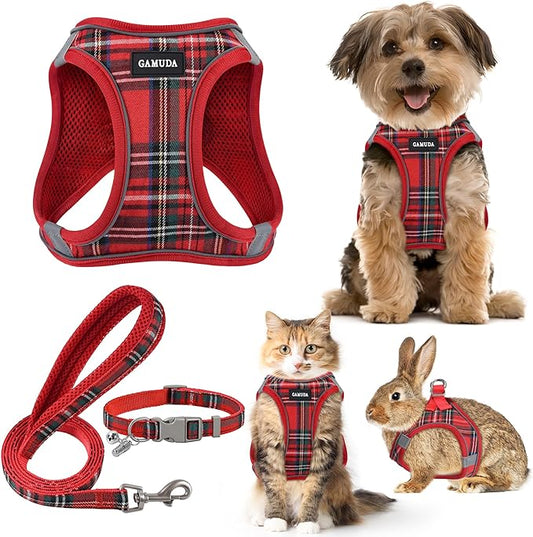 GAMUDA Small Dog Harness Collar and Leash Set, Step in No Chock No Pull Soft Mesh Adjustable Dog Vest Harnesses Plaid Reflective for Dogs Puppy Cats Kitten Rabbit (Red, XXS)