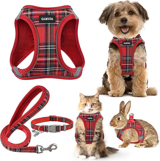 GAMUDA Small Dog Harness Collar and Leash Set, Step in No Chock No Pull Soft Mesh Adjustable Dog Vest Harnesses Plaid Reflective for Dogs Puppy Cats Kitten Rabbit (Red, XXXS)