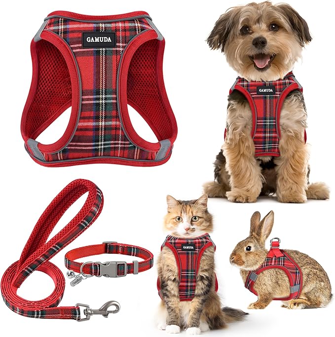 GAMUDA Small Dog Harness Collar and Leash Set, Step in No Chock No Pull Soft Mesh Adjustable Dog Vest Harnesses Plaid Reflective for Dogs Puppy Cats Kitten Rabbit (Red, XS)
