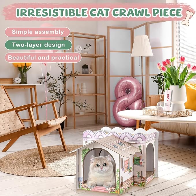 2 Story Cardboard Cat House with Scratcher Pad for Small Kitten,17x12x10 Multi Level Durable Cat Condo & Villa for Bunny Rabbit Small Animals Christmas Birthday Gift(Cottage)