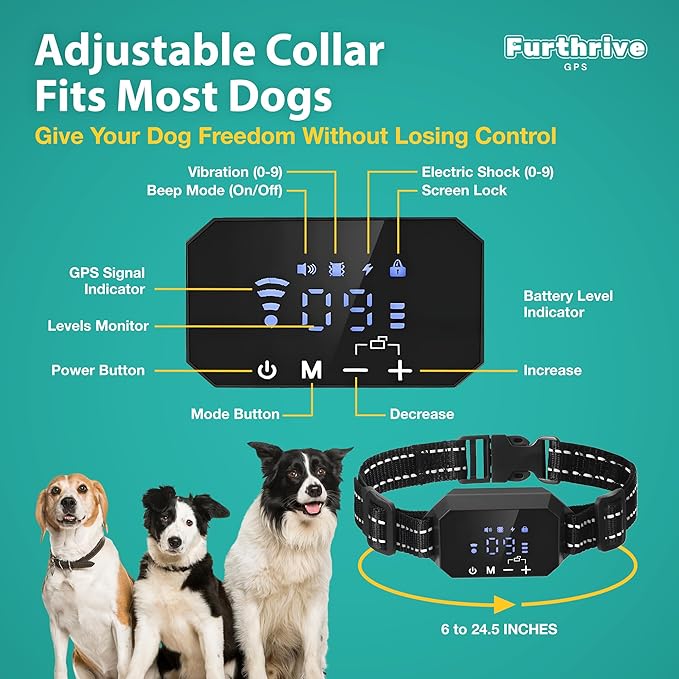 Furthrive GPS Dog Collar, Wireless Dog Fence 100–3280 ft Circular Boundary, Waterproof GPS Dog Collar Fence System Outdoor Electric Pet Barrier with Beep, Vibration & Adjustable Training