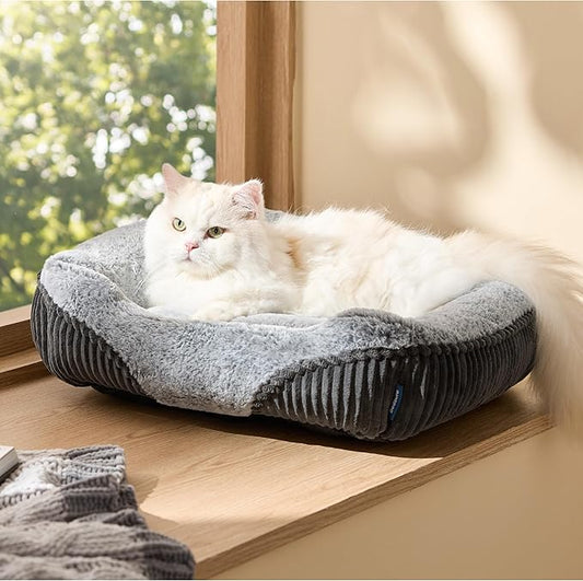 Bedsure Washable Dog Bed Small Dog＆Cat- Rectangle Fluffy Plush Kitten Puppy Bed, Comfy Corduroy Fleece and Nonskid Bottom,20x19x6inches,Suitable for Pet Up to 15lbs,Grey