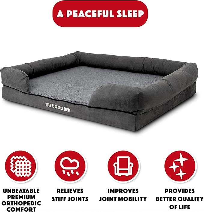 The Dog’s Bed, XL Grey Plush, Solid Memory Foam, Pain Relief: Arthritis, Hip & Elbow Dysplasia, Post Surgery, Lameness, Supportive, Calming, Waterproof Washable Cover, Veterinary Approved