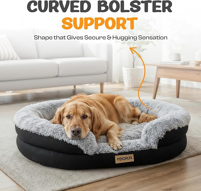 Fluffy Orthopedic Dog Bed for Small & Medium Dogs and Cats, Calming Plush Sofa Bed with Curved Bolster Support and Egg-Crate Foam Base, 35" Cozy Oval Pet Donut Bed with Washable Cover, Gray