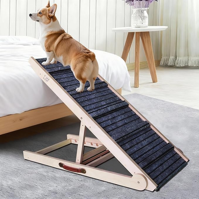 ZJSF Dog Ramp for Bed,Foldable Wooden Portable Non-Slip Dog Ramp for Couch,Small to Large Pet Ramp for Cars,Stairs with High Traction Mat,6 Adjustable Height from 12.2" to 26",Supports up to 230lbs