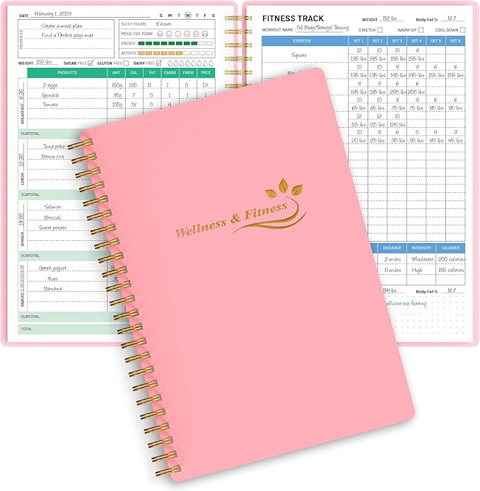 Wellness Planner & Fitness Log - Daily Diet & Health Journal with Weight Loss, Wellness Journal Notebook for Tracking Fitness, Sleep, Nutrition, Meal, Habits, A5(5.8 x 8.6 inch) (Pink)