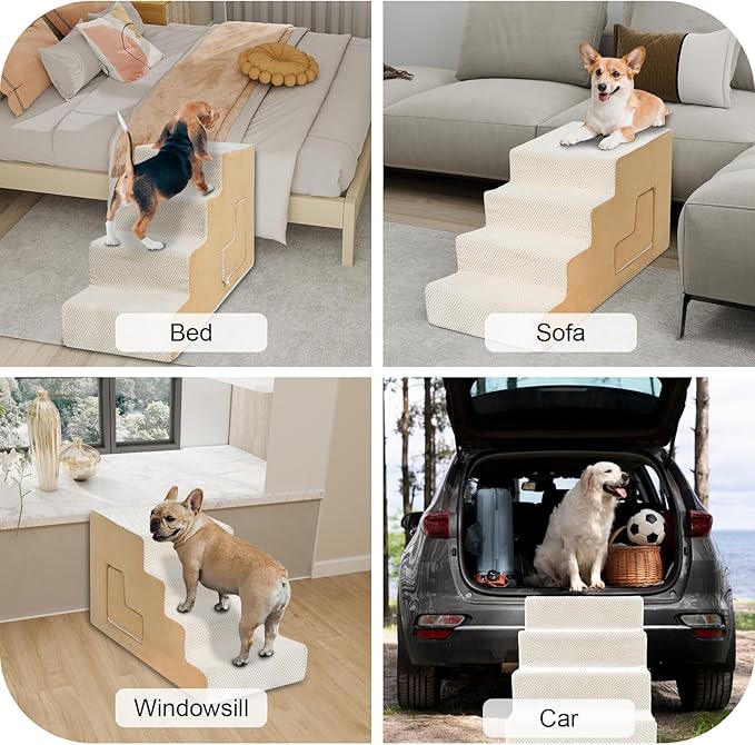 Dog Stairs for Small Dogs 27”H, 6-Step Dog Steps for High Bed, High-Density Foam Pet Stairs with Non-Slip Removable Washable Cover to Get on Bed(Beige)
