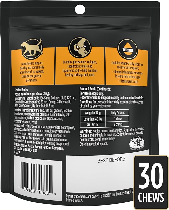Purina Pro Plan Veterinary Small Breed Dog Joint Care Supplement with Glucosamine, Chondroitin, and Collagen to support Hip and Joint Health – 30ct Pouch