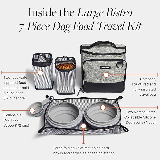 Large 7-Piece Bistro Box Dog Food Travel Kit, 12-Cup Kibble Storage, 2 Silicone Bowls, Mat & Scoop - Premium Portable Pet Food Kit for Weekends, Overnights, Daycare & Camping, Heather Grey