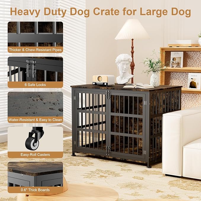 42" Furniture Style Large Dog Crate with Wheels, Metal Chew-Resistant Dog Kennel Indoor for Large & Medium Dogs, 41.9" W x 28.3" D x 31.7" H, Decorate House as TV Stand, End Table — Rustic Brown