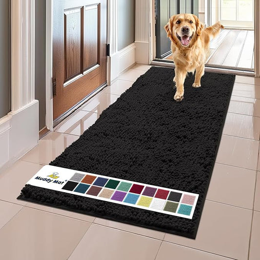 Muddy Mat® | Super Absorbent Door Mat Indoor, Microfiber Quick Dry Chenille Entryway Rug, Non-Slip Front Door Mat, Indoor Mats for Entryway, Machine Washable Pet Rug,-Black Runner 24"X60"