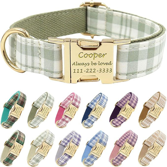 PETDURO Personalized Dog Collar Olive Green Plaid for Large Medium Dogs | Engraved Name and Phone Number on Gold Metal Buckle for Boys & Girls | Add Leash & Bow Tie via Customize Now
