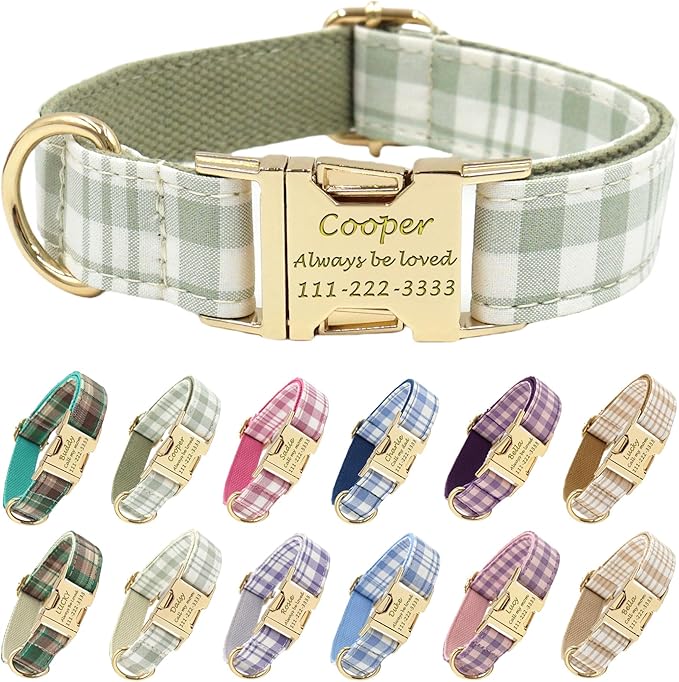 PETDURO Personalized Dog Collar Olive Green Plaid for Large Medium Dogs | Engraved Name and Phone Number on Gold Metal Buckle for Boys & Girls | Add Leash & Bow Tie via Customize Now