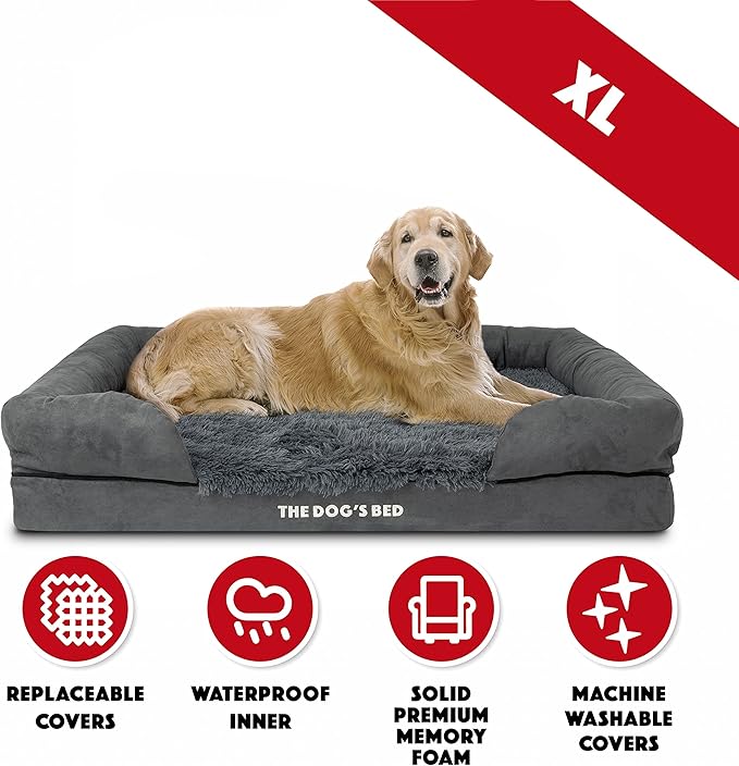 The Dog’s Bed, XL Grey Fur,Memory Foam, Pain Relief: Arthritis, Hip & Elbow Dysplasia, Post Surgery, Lameness, Supportive, Calming, Waterproof Washable Cover, Veterinary Approved