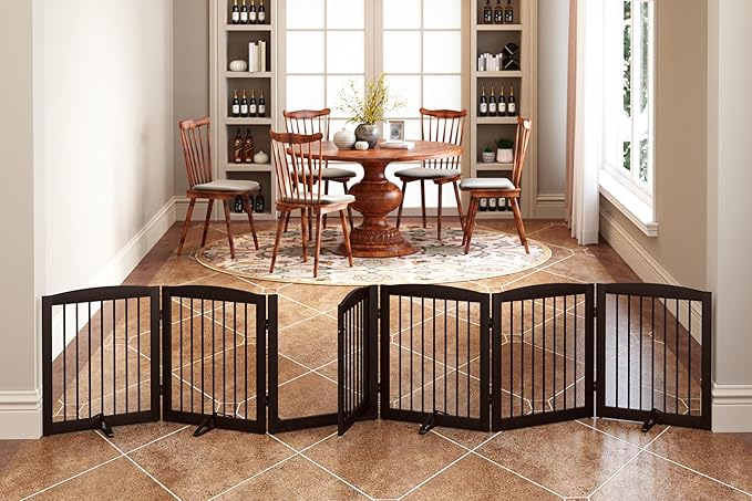 Freestanding Pet Gates with Walk Through Door, Dog Indoor Fence, Dog Gate for The House, Doorway, Stairs, Extra Wide Pet Gate, Support Feet Included, 120 Inch Wide, 6 Panels 24" Tall, Brown