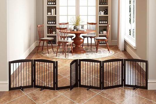 Freestanding Pet Gates with Walk Through Door, Dog Indoor Fence, Dog Gate for The House, Doorway, Stairs, Extra Wide Pet Gate, Support Feet Included, 120 Inch Wide, 6 Panels 24" Tall, Brown