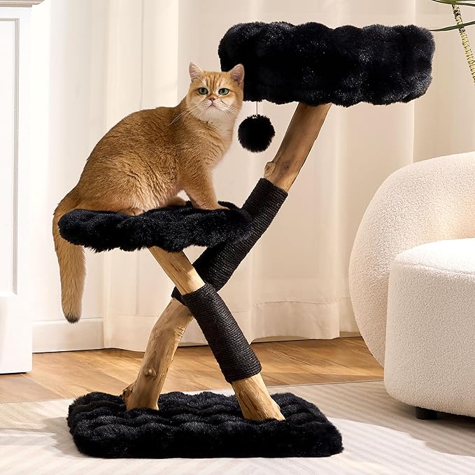 Solid Wood Cat Tree, Modern Cat Tree Tower for Large Indoor Cats, Natural Real Pear Wooden Aesthetic Cat Condo with Scratching Post for Adult Kittens-Black