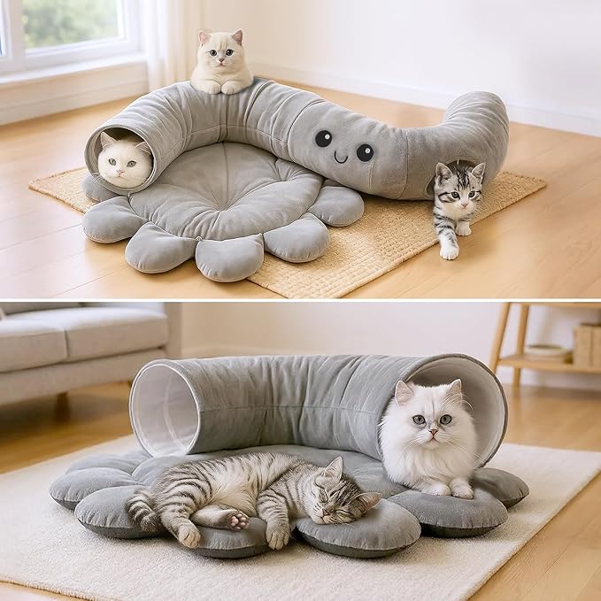 Cat Tunnel Bed for Indoor Cats, Peekaboo Cat Cave Bed, Cat Tunnel Christmas Tree Skirt, Octopus Shaped