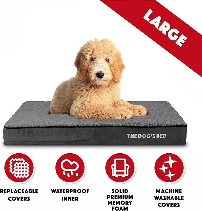The Dog’s Bed Orthopedic Memory Foam Dog Bed, Large Grey Plush, Pain Relief for Arthritis, Hip & Elbow Dysplasia, Post Surgery, Lameness, Supportive, Waterproof Washable Cover, Veterinary Approved