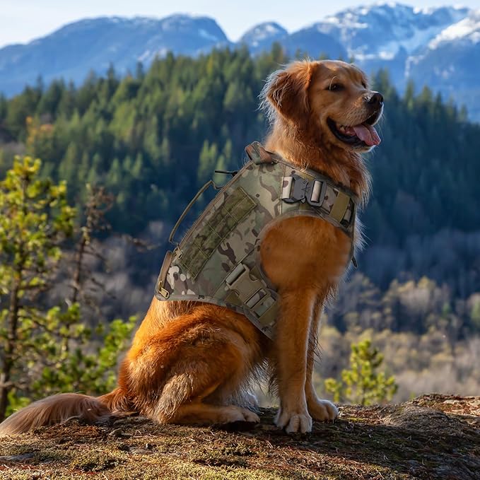 Tactical Dog Backpack Harness for Large Breed Original Design Metal Buckle Vest with Side Bags Pouches for Service Working Training (Camouflage(with 2 Pouches), XL)
