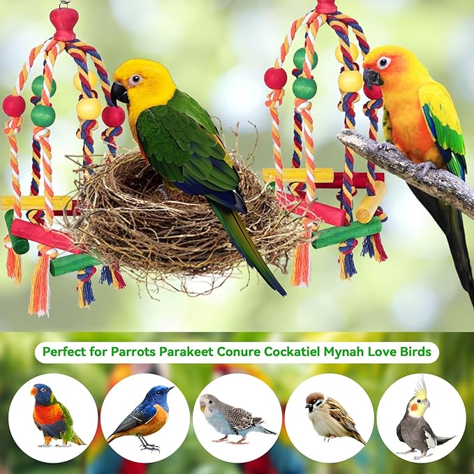 2PCS Dangly Rope Bird Toys，Medium and Small Birds Toys Multicolored Natural Wooden Bird Chewing Bird Cage Accessories for Parakeet Parrot Conure Cockatiel Budgies Lovebird Cage Toy