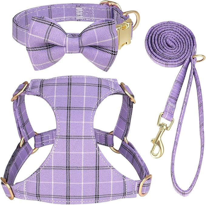 Beirui Cute Extra Small Dog Harness Collar and Leash Set with Bowtie, Soft Adjustable Plaid Puppy Harness for Small Sized Dogs Cats Walks Parties and Photoshoots(Purple,XXS:Chest 12-14")