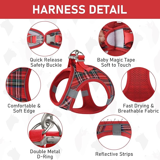 GAMUDA Small Dog Harness Collar and Leash Set, Step in No Chock No Pull Soft Mesh Adjustable Dog Vest Harnesses Plaid Reflective for Dogs Puppy Cats Kitten Rabbit (Red, XXXS)