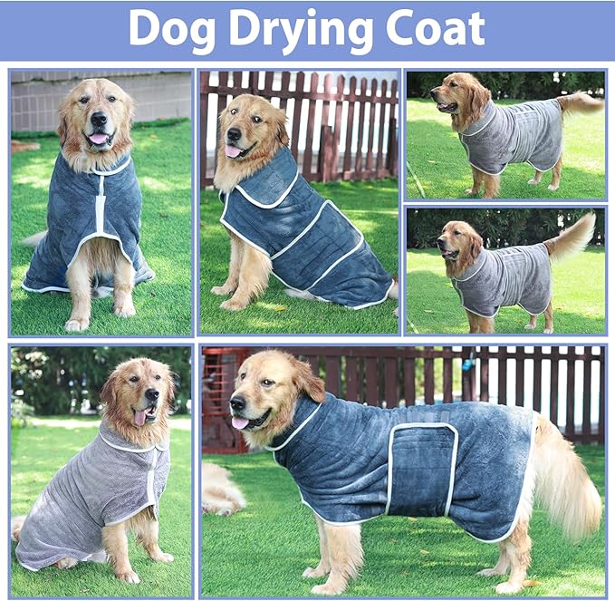 Dog Bathrobe Towel Drying Coat - Super Absorbent Dog Towels Bath Robe for Drying Dogs Large, Soft Adjustable Collar & Belly Strap Fast Drying Coat Pet Dog Cat Bath Robe Towel (Blue, Large)
