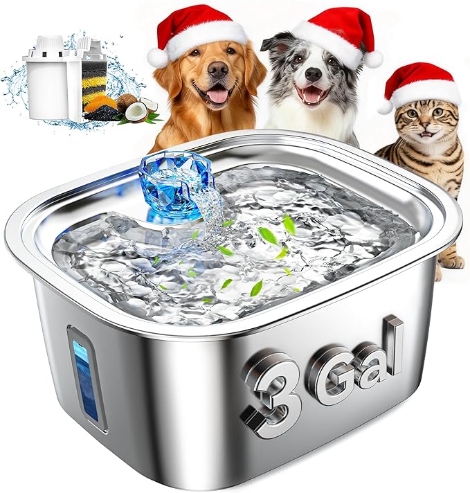 Dog Water Fountain for Large Dogs Stainless Steel, 3Gal Extra Large Dog Water Bowl Dispenser with 2 Filters & Visual Window, Automatic Filtered Pet Fountain Indoor, Quiet Safe Pump with LED Indicator