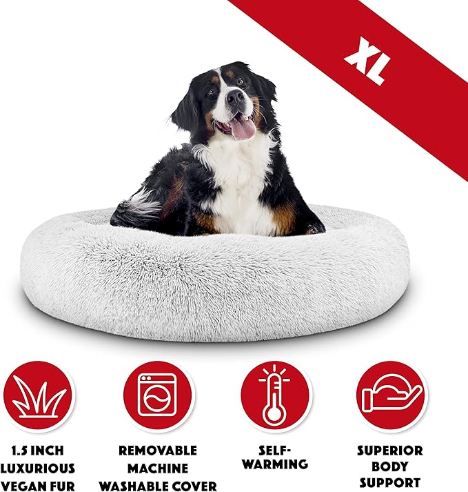 The Dog's Bed Sound Sleep Donut Dog Bed, Ice White Fur XL, Veterinary Approved