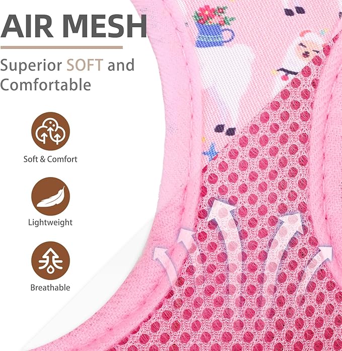 PUPTECK Dog Harness and Leash Set for Small Medium Dogs No Pull Step-in Soft Mesh Puppy Cat Vest Harnesses Reflective at Night, LightPink Print, S