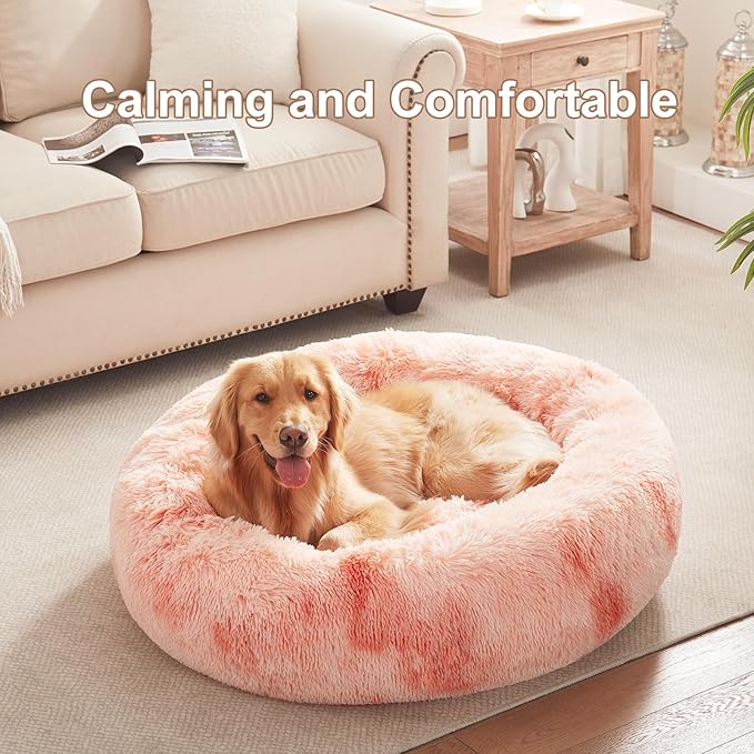 36 inches Donut Dog Bed for Large Dogs - Calming Fluffy Round Pet Bed with Removable & Washable Cover,Fits up to 80 lbs Pets (Tie-dye Pink,Large)