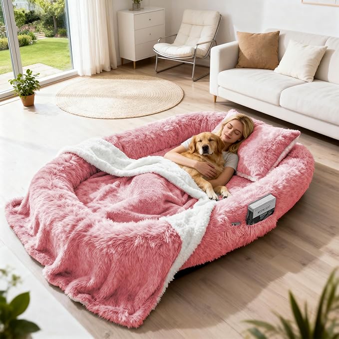 71" Human Dog Bed for Adult, Giant Orthopedic Memory Foam Dog Sofa Bed, Large Oversize Washable Faux Fur Pet Couch with Plump Pillow, Blanket, Strap - Pink