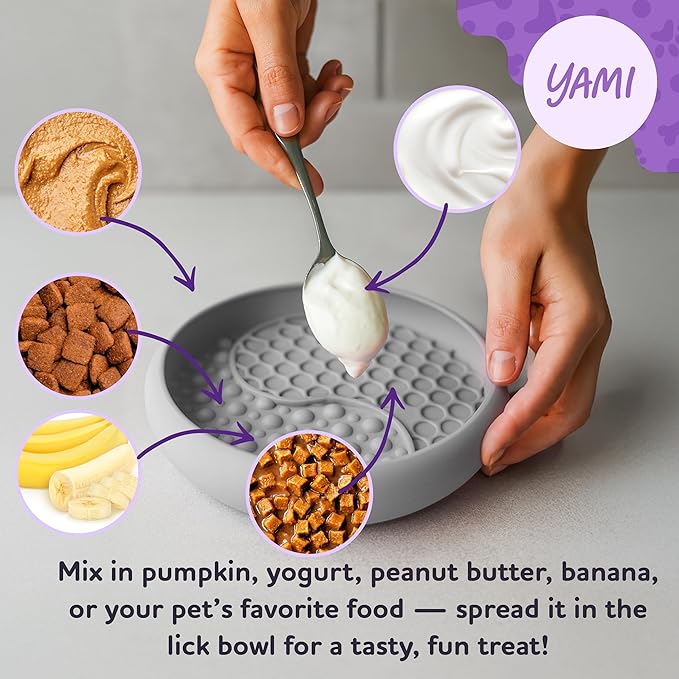 YAMI Bowl Lick Mat for Dogs & Cats, Slow Feeder Bowls, Cat Slow Feeder, Dog Enrichment Toys with Suction Cup for Anxiety Relief, Food-Grade Silicone, Dishwasher Fit, for All Breed (Light Gray)