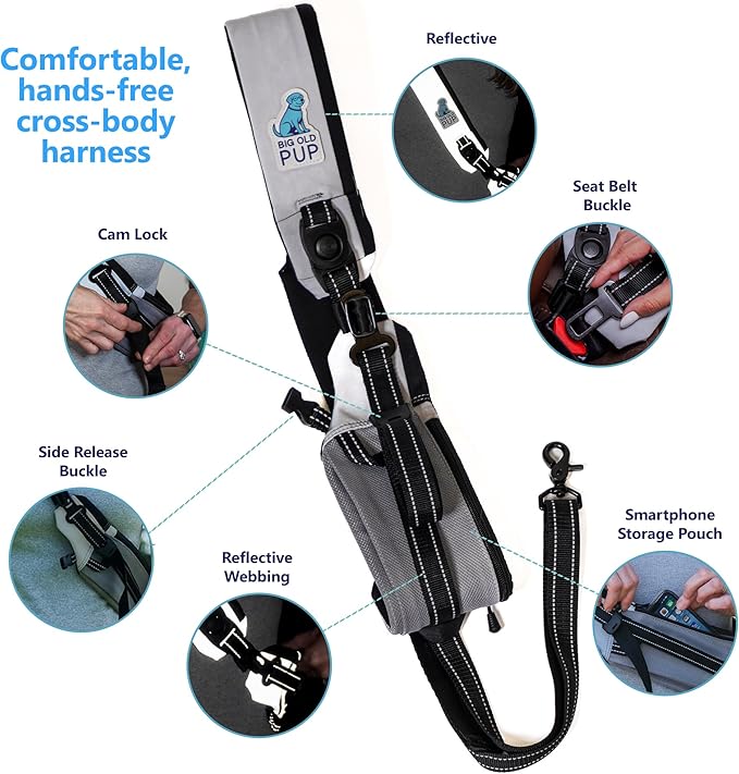 5-in-1 Reflective Cross-Body Dog Leash System, Hands-Free Design with Storage Pouch, Car Restraint, Hoist Support for Walking, Night Safety