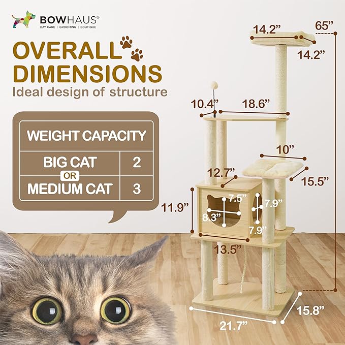 65” Wooden Cat Tree Tower for Indoor Large Cats & Kittens, Modern Tall Cat Climbing Tree w/Cave Condo, Scratching Posts, Perch, Multi-Level Cat Tower w/Interactive Toy & Detachable Cushion