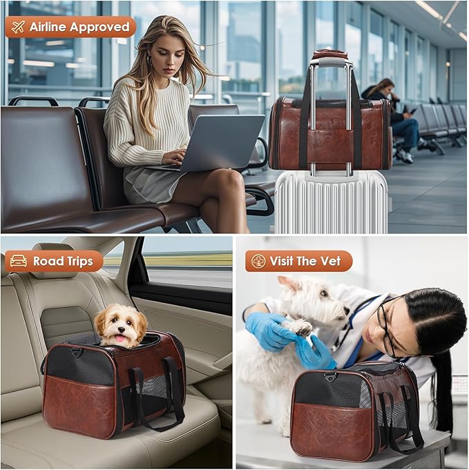 Fashion Leather Dog Carrier, Airline Approved Cat Carrier Soft Sided Pet Bag Carrier Purse for Puppy Kitten Small Animals Coffee