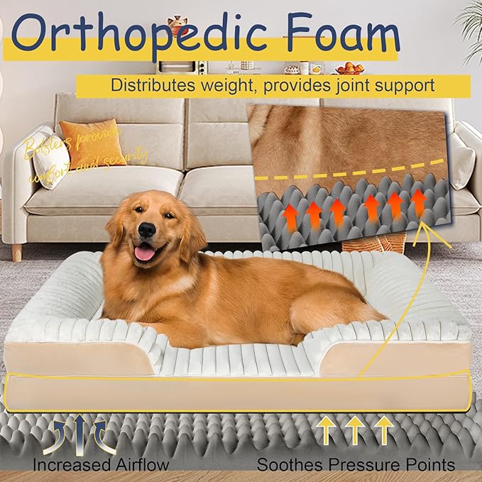 Orthopedic Dog Bed for Large Medium Sized, Washable Memory Foam Large Dog Bed Premium Soft Corduroy Fleece, Durable Medium Pet Sofa with Removable Cover, Washable Waterproof Pet Couch Beds(White,XL)