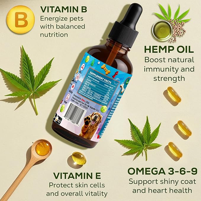 Hemp Oil for Dogs - 2FL/60ML Assists Dogs with Anxiety, Pain, Stress, Sleep, Arthritis, Seizure Relief - Supports Joint Health - Soothing Treats - Made in USA