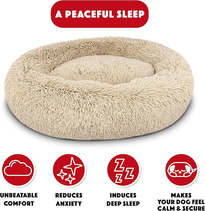 The Dog’s Bed Sound Sleep Donut Dog Bed, Medium Dog Beige Fur Calming Nest Bed, Veterinary Approved