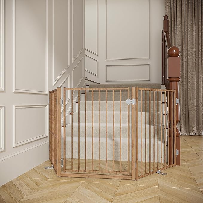 No Pawblems Free Standing Dog Gate with Door, 30'' Tall Foldable Dog Fence for Indoor & Outdoor, Up to 78 Inch Extra Wide Puppy Gate for Stairs, Hallways, Doorways, Deck, Yard (Wood Pattern, 3 Panels)