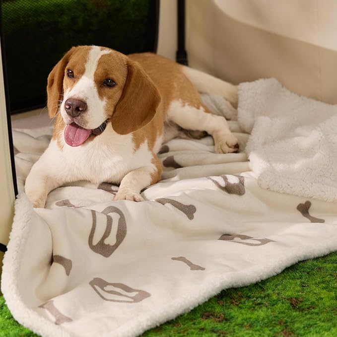 Bedsure Waterproof Dog Blankets for Large Dogs - Soft Print Sherpa Fleece Pet Cat Blanket Washable for Couch Protection, Cozy Plush Reversible Throw Furniture Protector, 40"X50", Beige