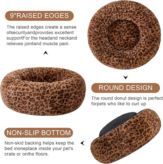 Dog Calming Beds for Small Medium Large Dogs - Round Donut Washable Puppy Dog Bed, Anti-Slip Faux Fur Fluffy Donut Cuddle Anxiety Cat Pet Bed (32" Leopard Print)