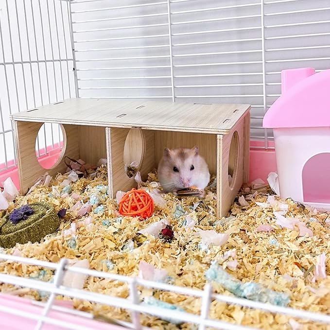 Hamiledyi Wooden Hamsters 2-Chamber Hideout-Tunnel Multi Chamber Exploring Toy Hamster Hiding Maze Tunnel Toy Platform Stuff Cage Accessories for Gerbil Rat Mice