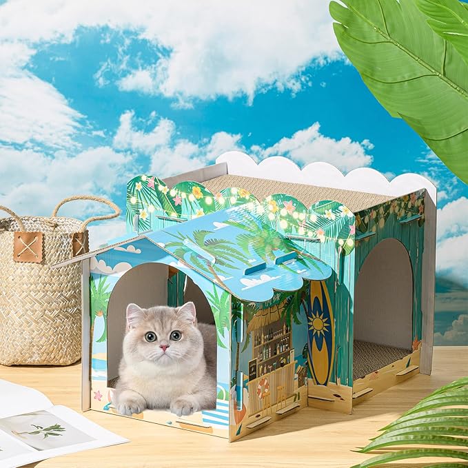 2 Story Cardboard Cat House with Scratcher Pad for Small Kitten,17x12x10 Multi Level Durable Cat Condo & Villa for Bunny Rabbit Small Animals Christmas Birthday Gift(Hawaii)