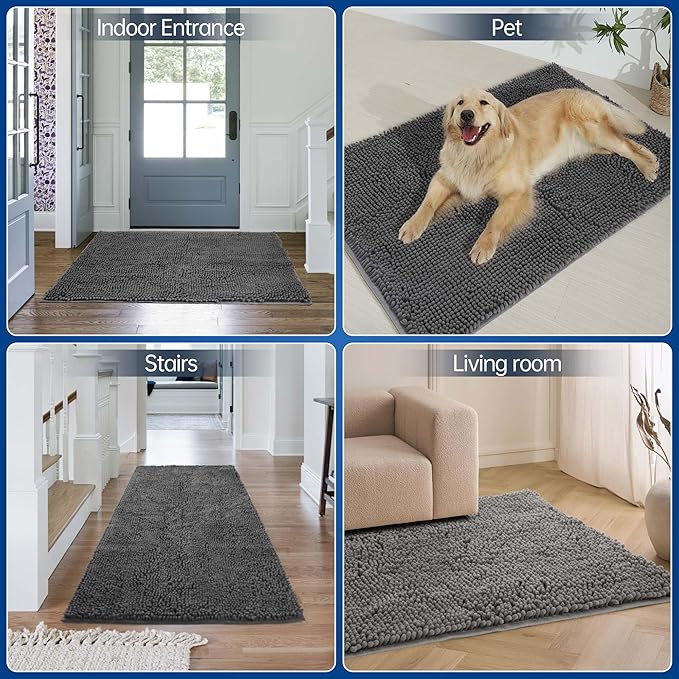 Chenille Absorbent Front Door Mat 48" x 30", Dog Door Mat for Muddy Paws, Dirt Trapper Doormat, Mud Mat for Dogs, Washable Non Slip Outdoor Indoor Doormats for Entryway, Grey